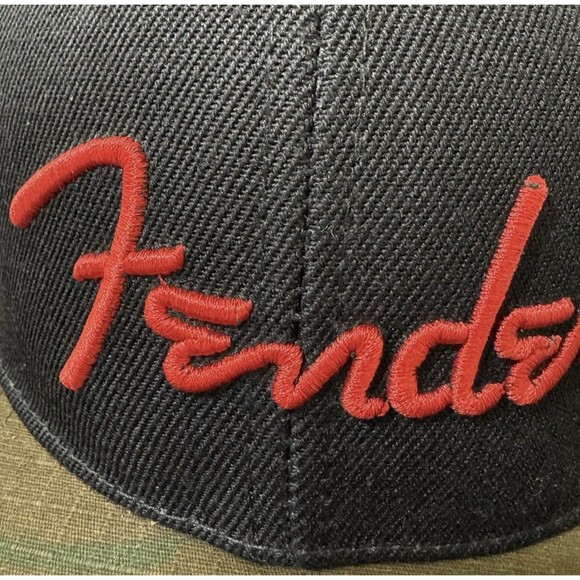 Fender Guitars Spaghetti Logo Black and Camo Flatbill Snapback Hat Cap NWT - Picture 10 of 10